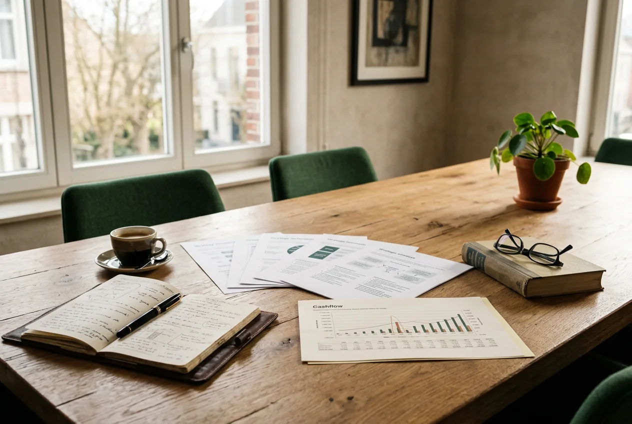 Strategiedocumenten en cashflowprognoses uitgespreid over een vergadertafel